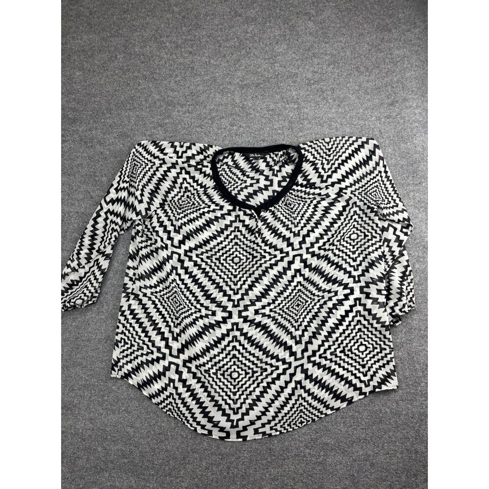 Ulla Popken Shirt Womens 20/22 Black‎ White Geometric Print Henley Blouse Plus